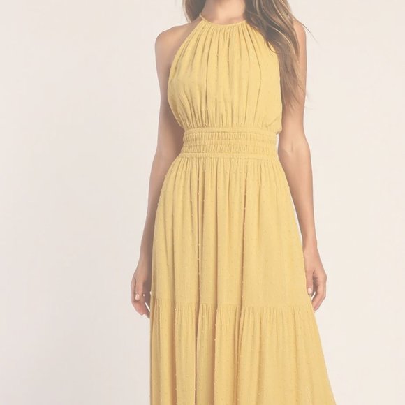 Lulus Divine Display Mustard Swiss Dot Lurex Tiered Halter Maxi Dress - Picture 1 of 6